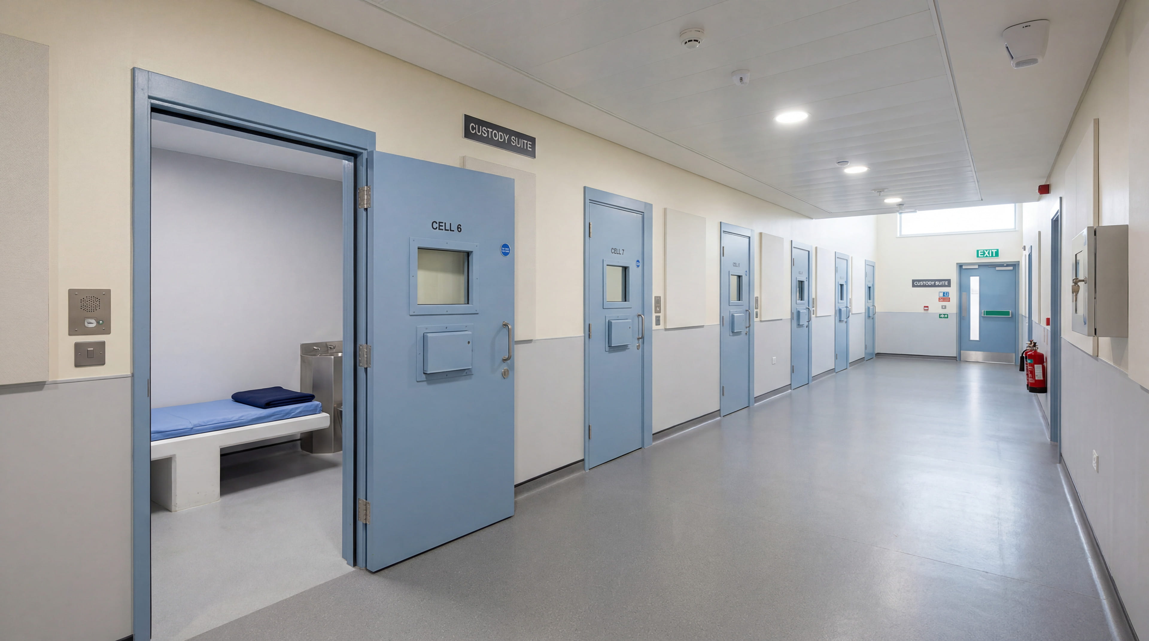 Empty modern British police custody suite with a row of pale blue cell doors along a clean, well-lit corridor, one cell open to show a fixed bench bed.