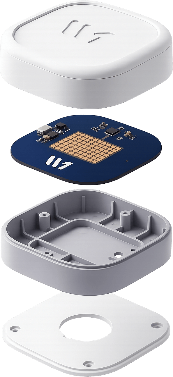 Exploded view of the Welfare One ultra-wideband radar sensor, showing the housing, circuit board, inner frame and mounting plate.