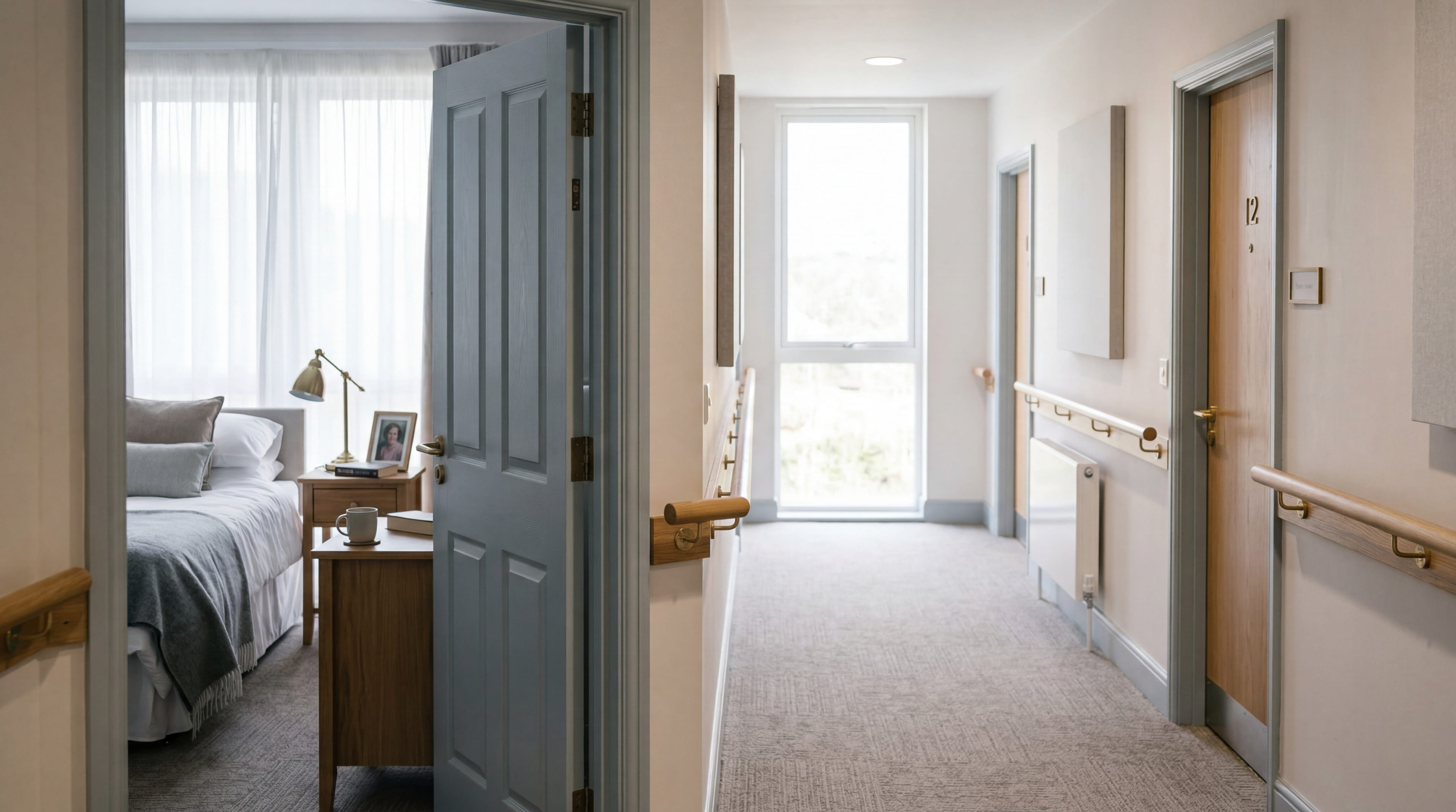 Interior of a residential care home — a corridor with a bedroom door open, natural light, calm and domestic.