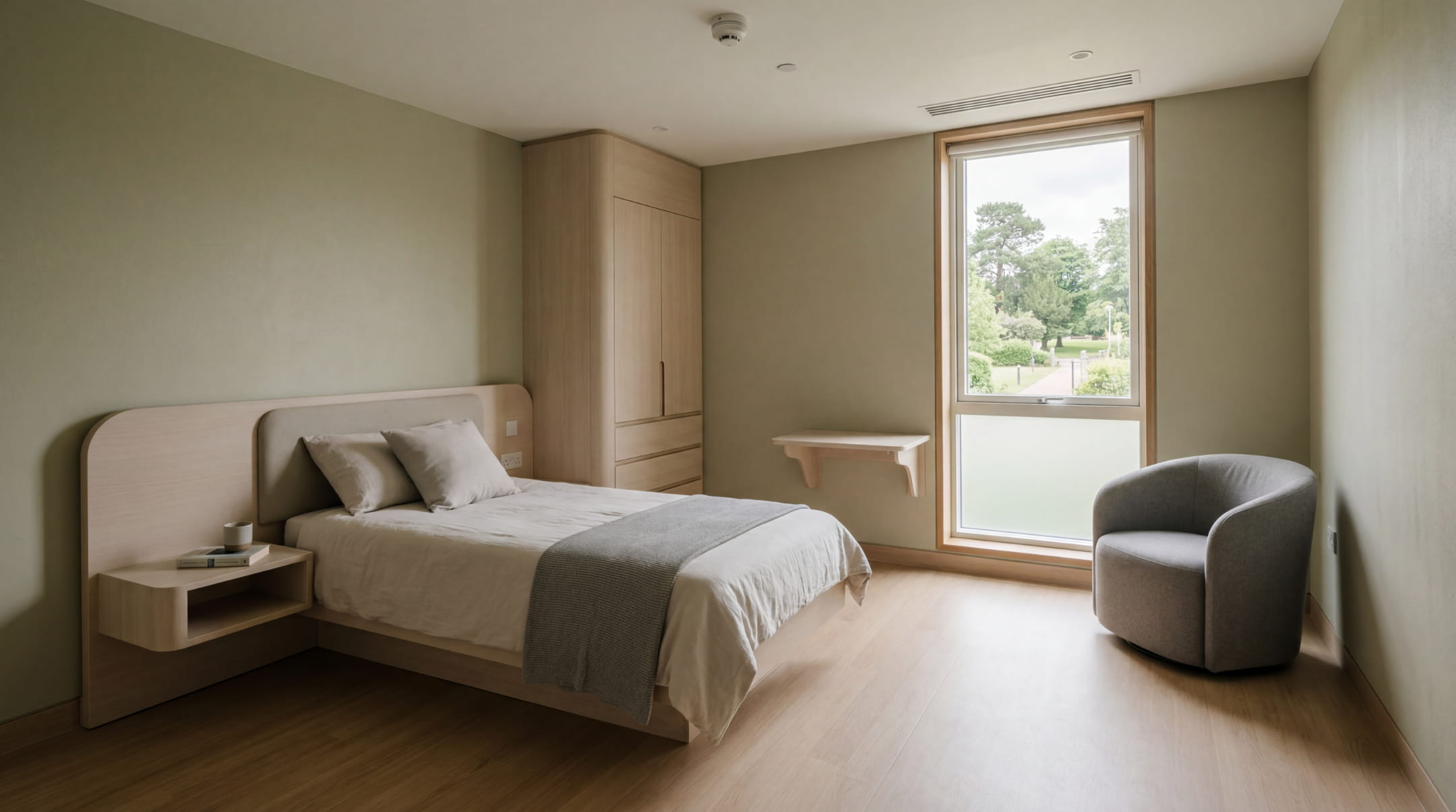 Mental health inpatient room — calm, unpeopled.
