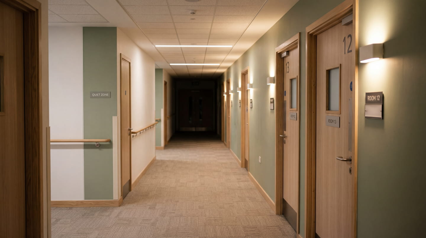 A mental health inpatient ward environment, calm and unoccupied.